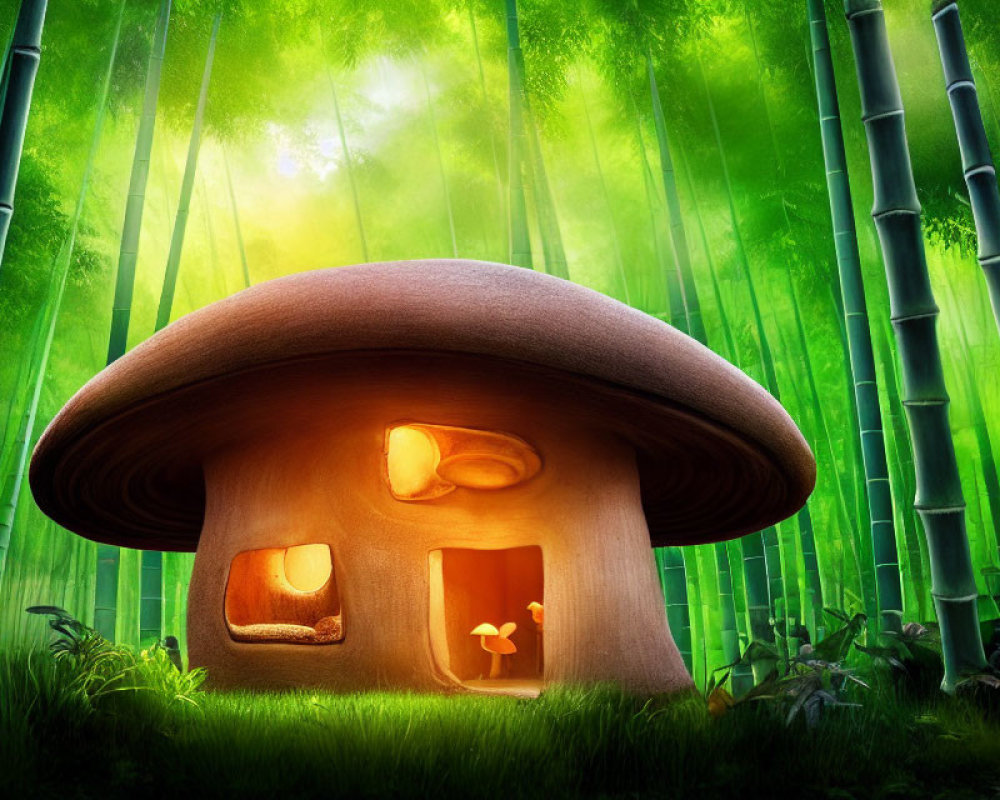 Whimsical mushroom house in magical bamboo forest