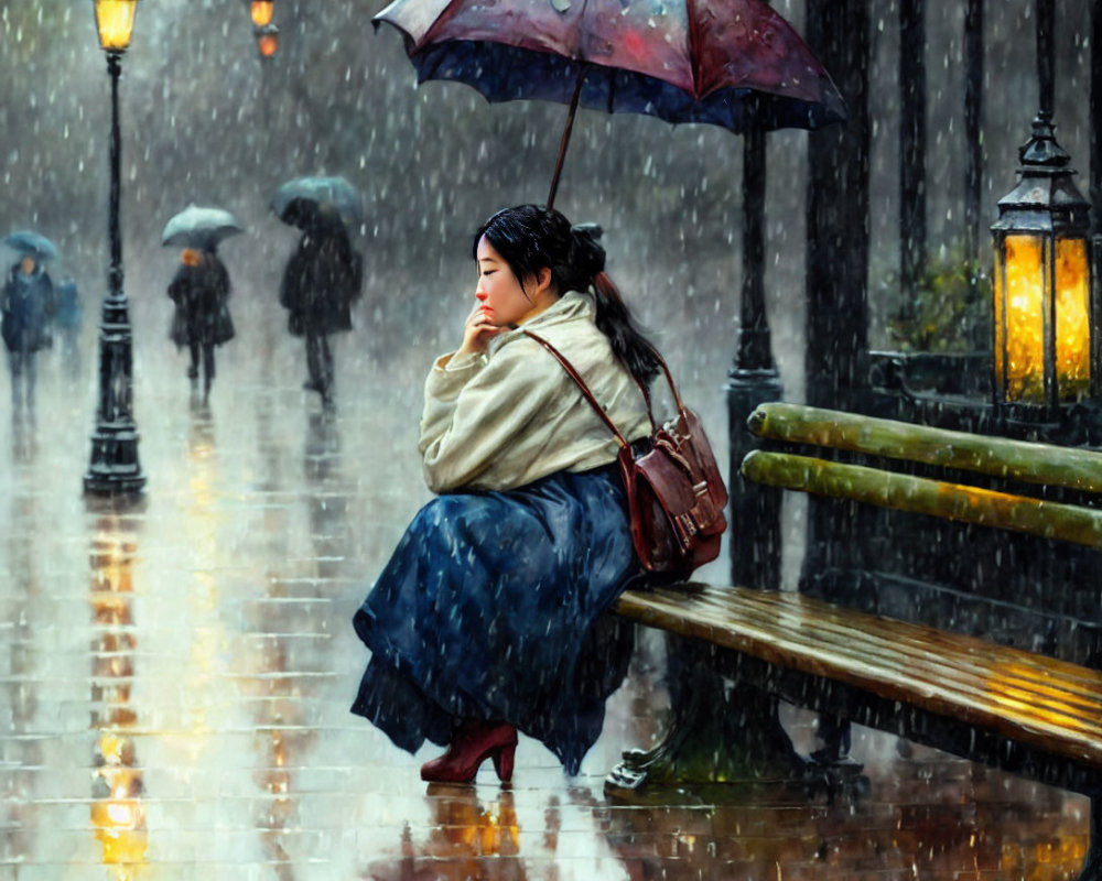 Person sitting on wet bench with umbrella in rain under street lamps