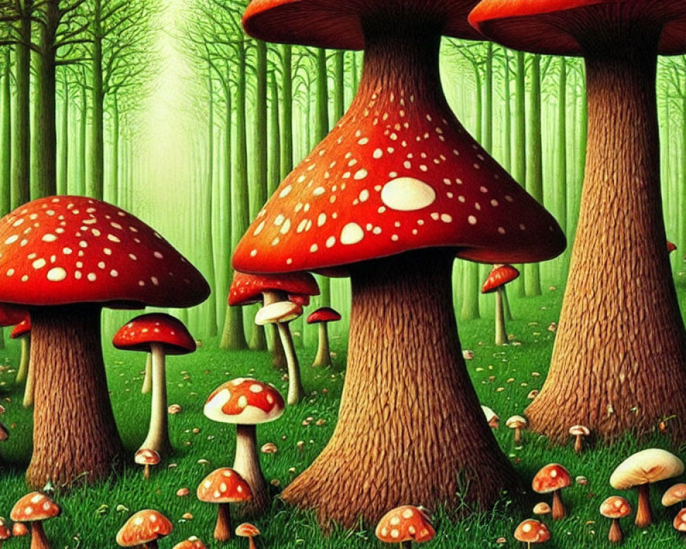 Colorful whimsical forest with oversized red-capped mushrooms and tall thin-trunked trees