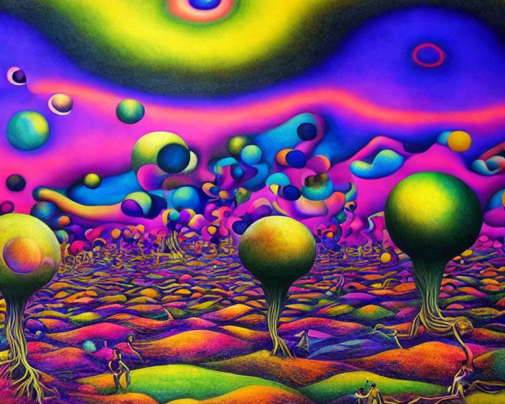 Colorful Psychedelic Landscape with Undulating Hills and Whimsical Trees