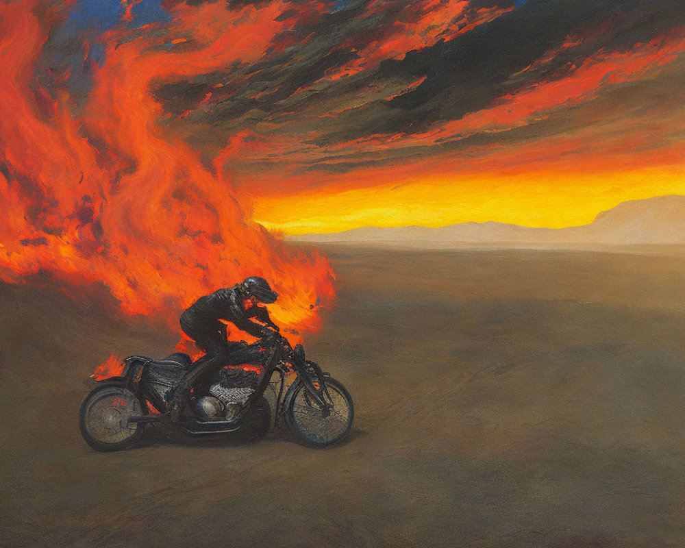 Person riding motorcycle in fiery desert sunset scene.