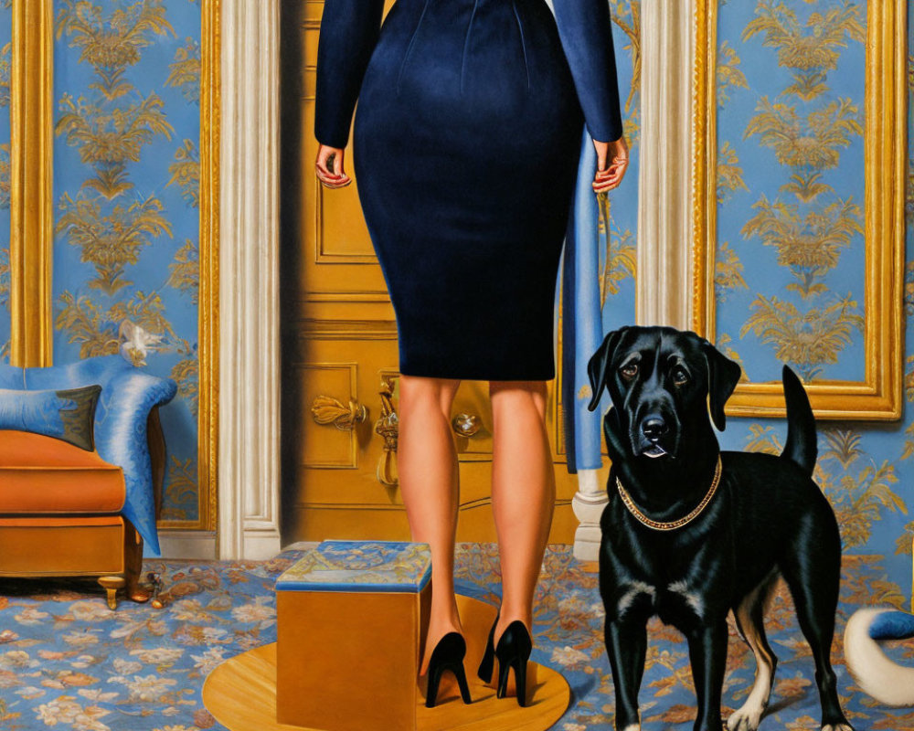 Woman in blue dress and black dog in ornate blue wallpaper room