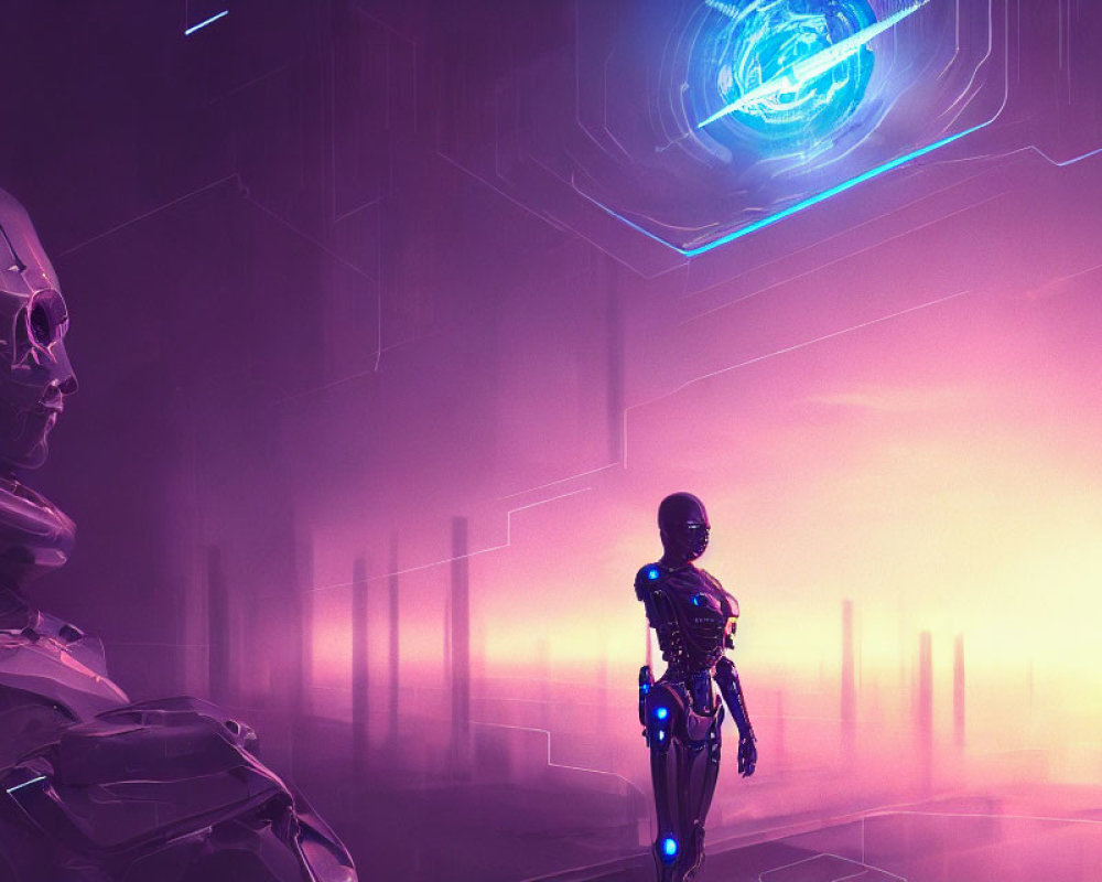 Futuristic robot figures by glowing digital portal in purple landscape