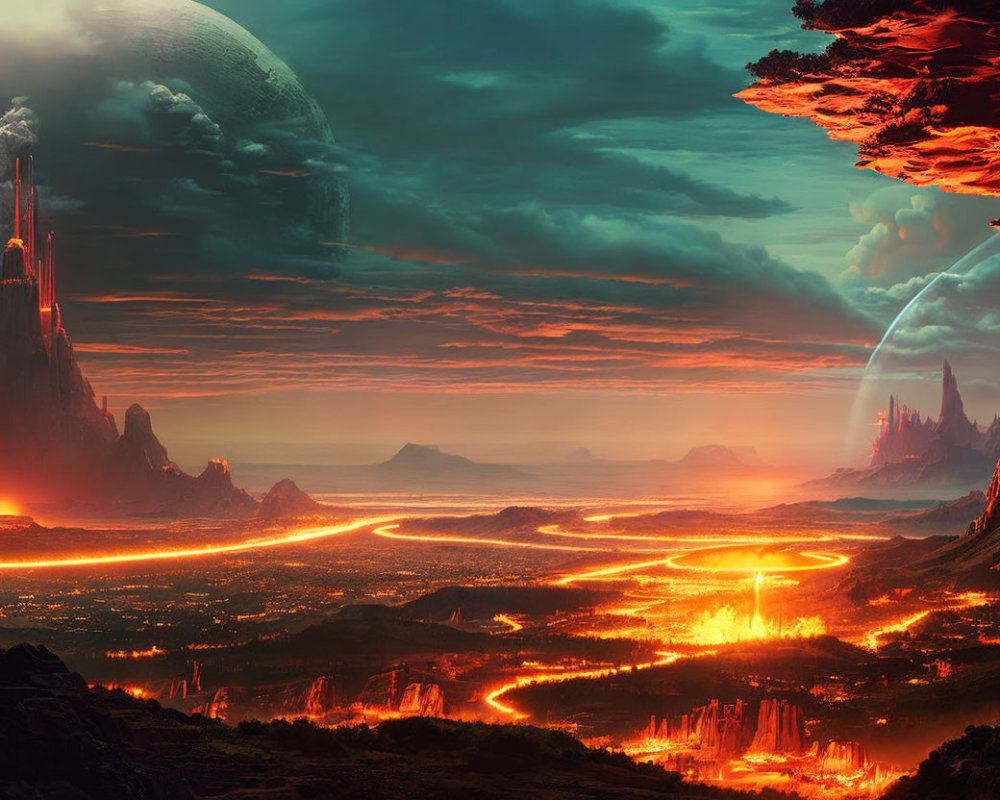 Surreal fiery landscape with lava rivers, towering spires, and large planet in red and orange