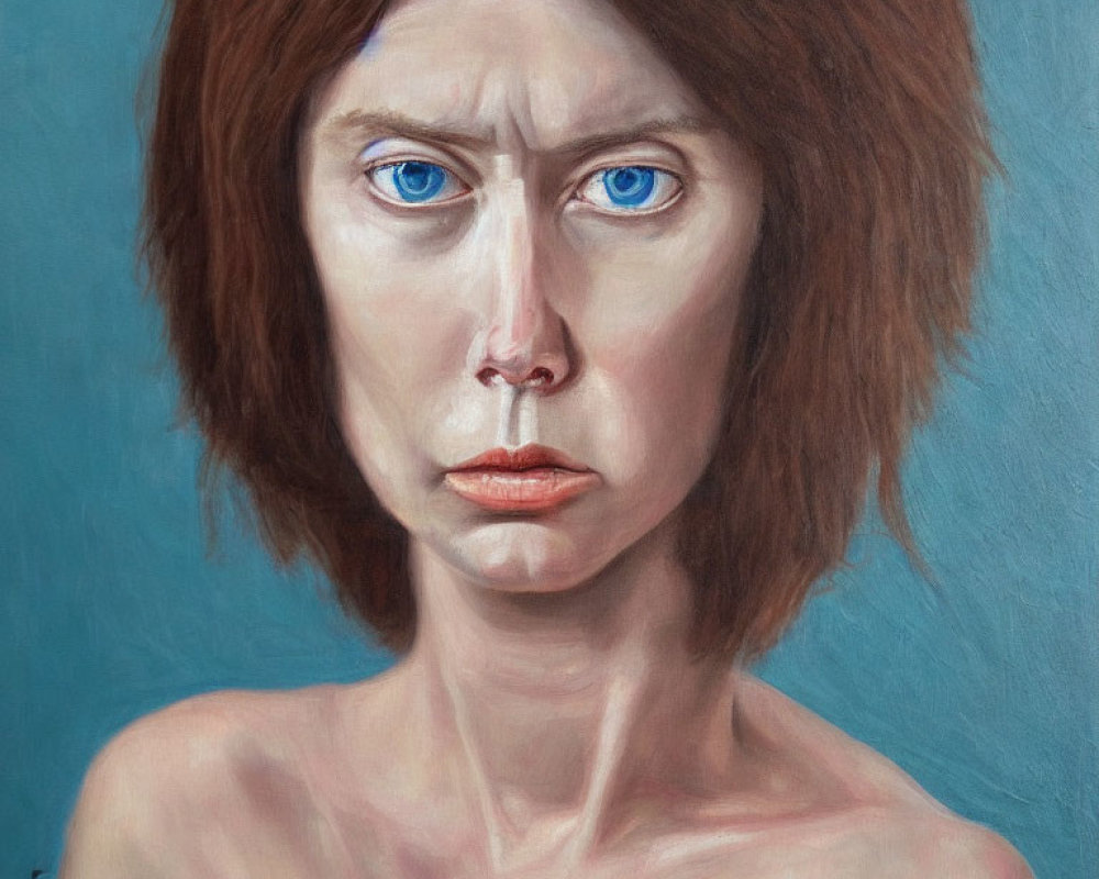 Portrait of Woman with Short Brown Hair and Intense Blue Eyes on Blue Background