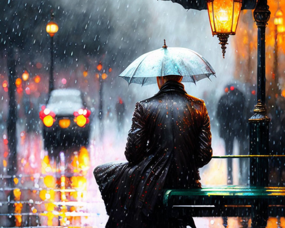 Individual with umbrella on bench in rainy evening under street lamps