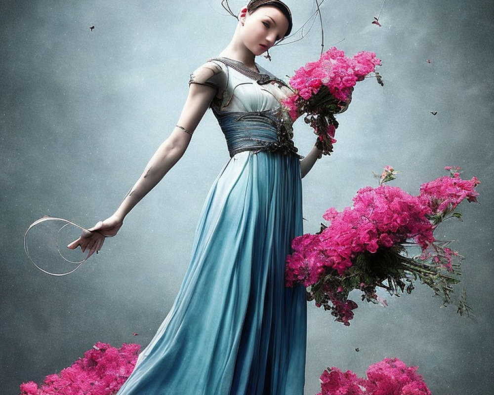 Woman in Blue Dress with Pink Flowers and Birds Flying Around Head