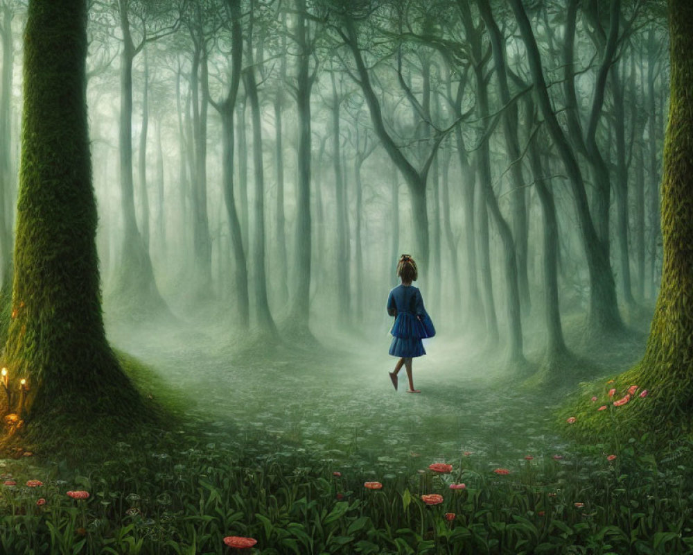 Enchanted forest scene with girl in blue dress