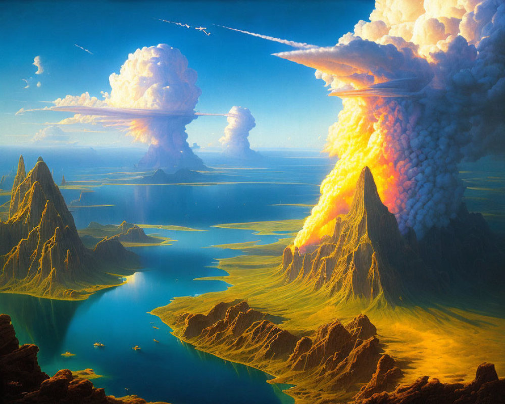 Dramatic landscape with erupting volcanoes, smoke plumes, serene lake, mountain peaks,