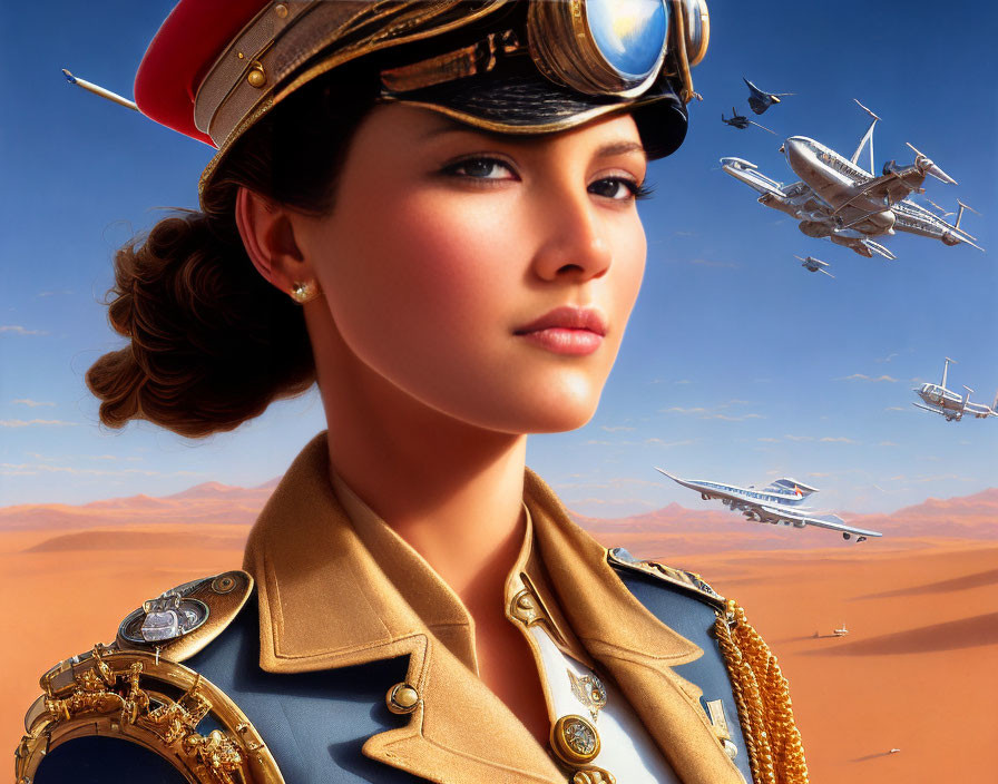 Detailed illustration of woman in pilot uniform with vintage goggles and medals, surrounded by fighter planes in desert sky