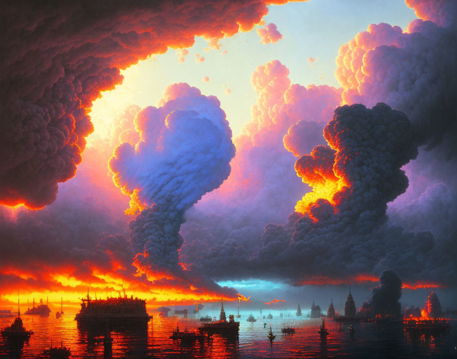 Multiple erupting volcanoes in fiery apocalyptic scene with ships on chaotic seascape