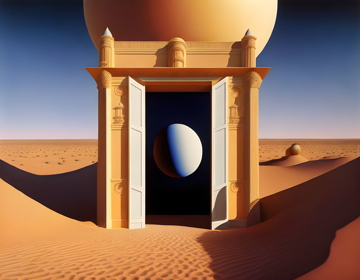 Surreal desert landscape with open doorway and floating sphere