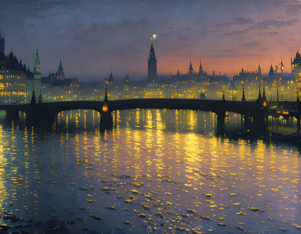 Cityscape with illuminated buildings, bridge, and river at dusk