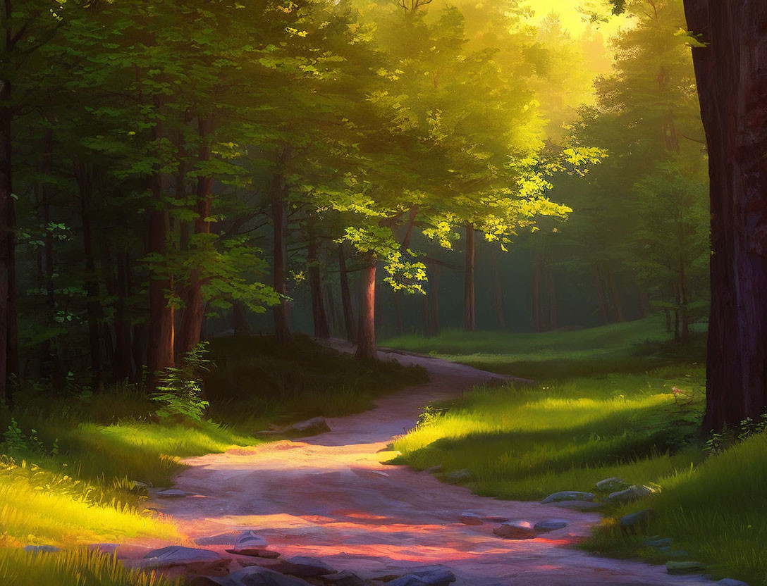 Tranquil Forest Path in Warm Sunlight