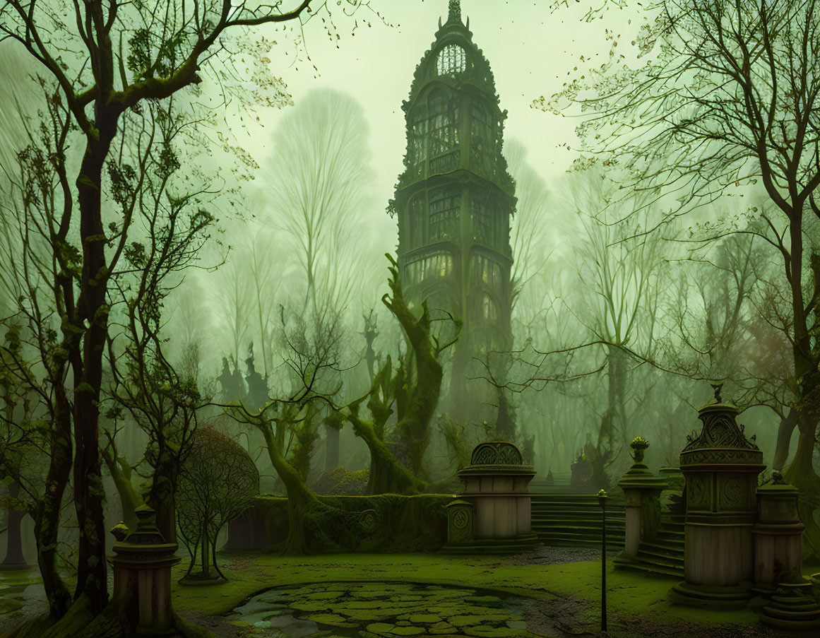 Misty forest scene with ornate tower and Victorian urns