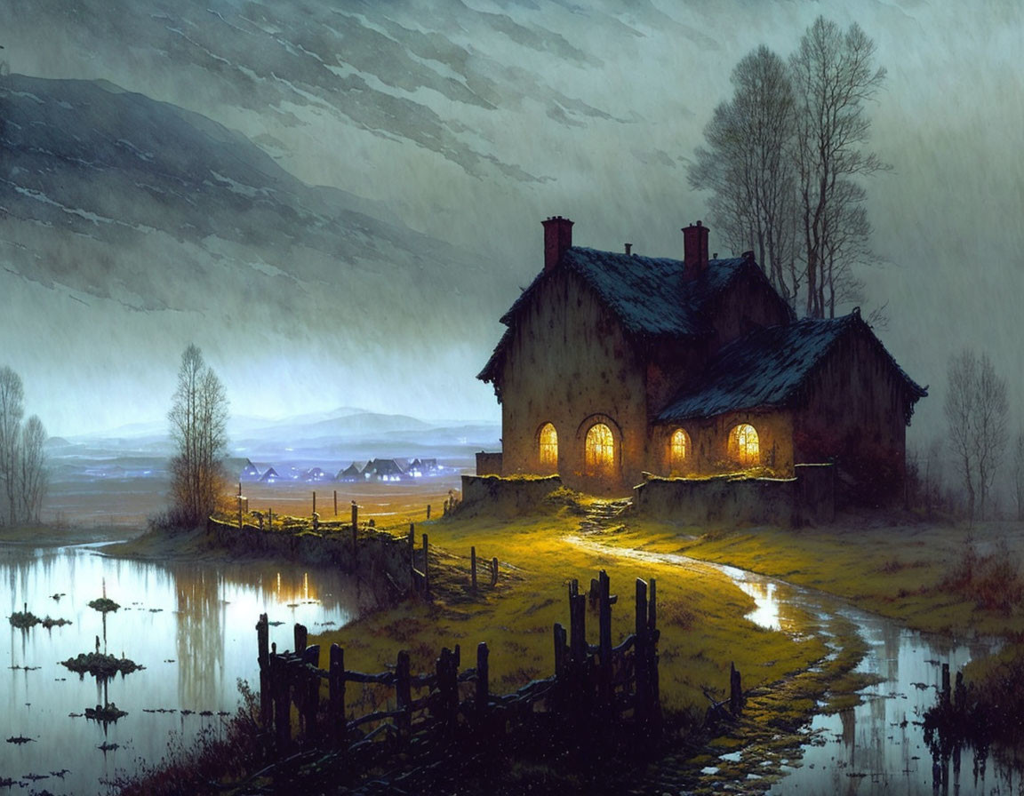 Tranquil lake scene: old house, lit windows, misty twilight sky