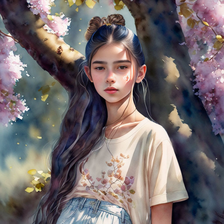 Digital Artwork: Young Woman with Long Hair in Blossoming Trees