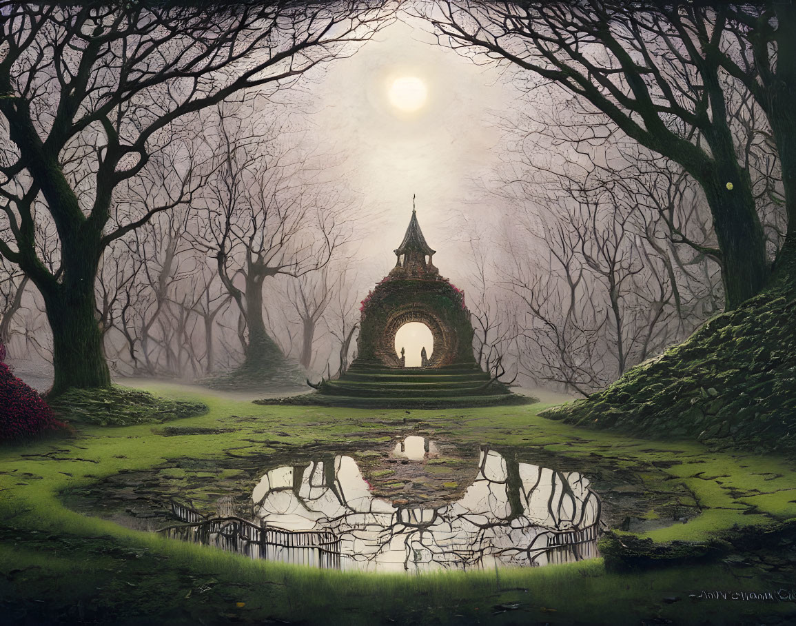 Mystical forest with glowing moon, tower, greenery, and reflective pond