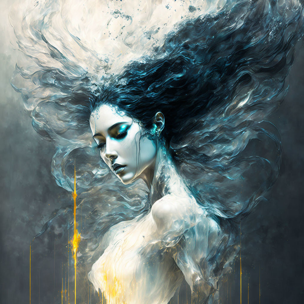 Dark-haired woman emerges from smoke with golden streaks, embodying cosmic fusion