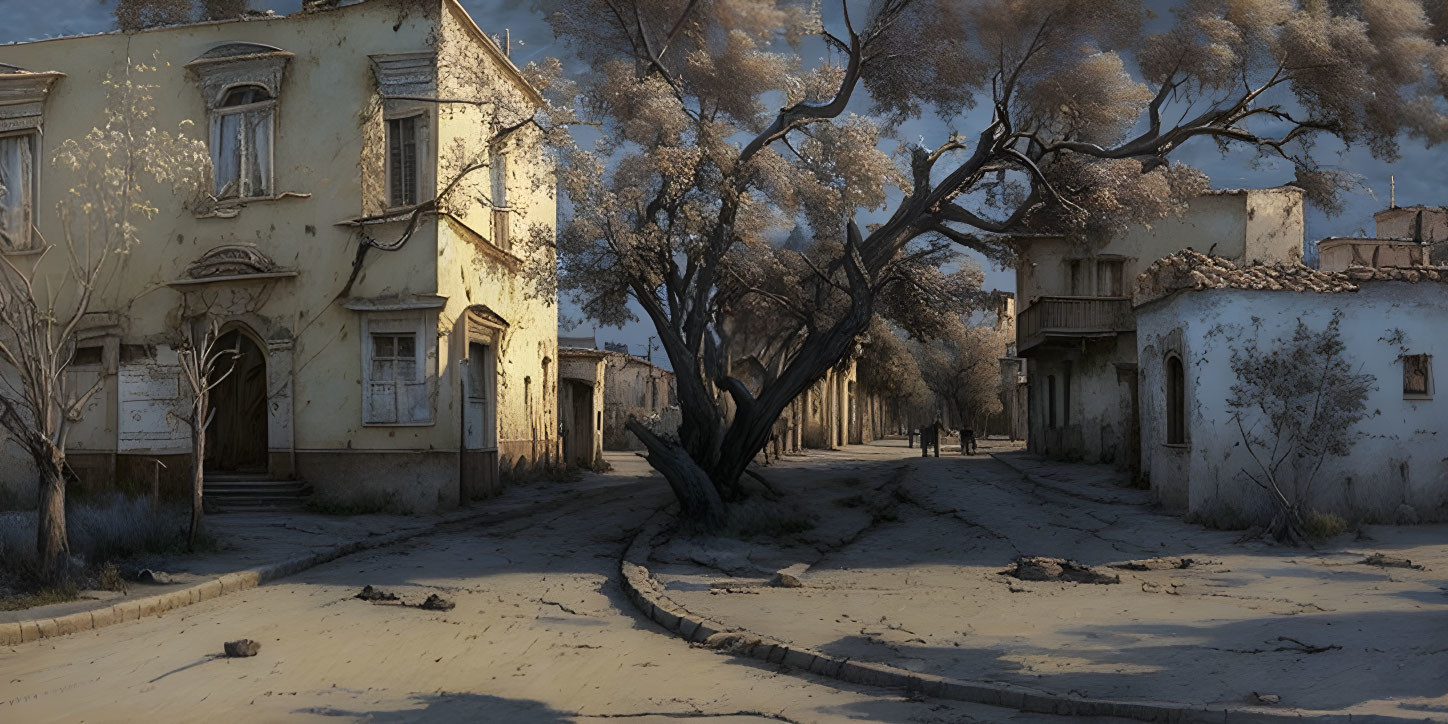 Desolate street scene with rundown houses and overgrown trees