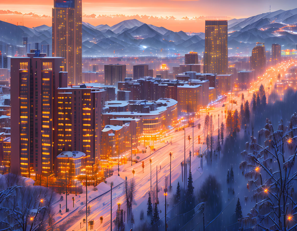 Snowy cityscape at twilight with illuminated buildings and mountains