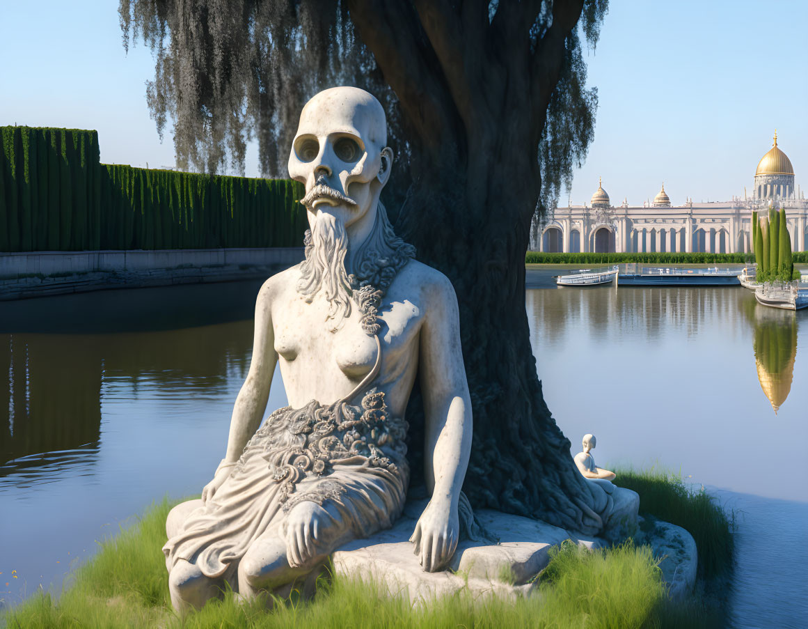 Surreal statue of bearded man with skull head near serene pond and classical architecture.