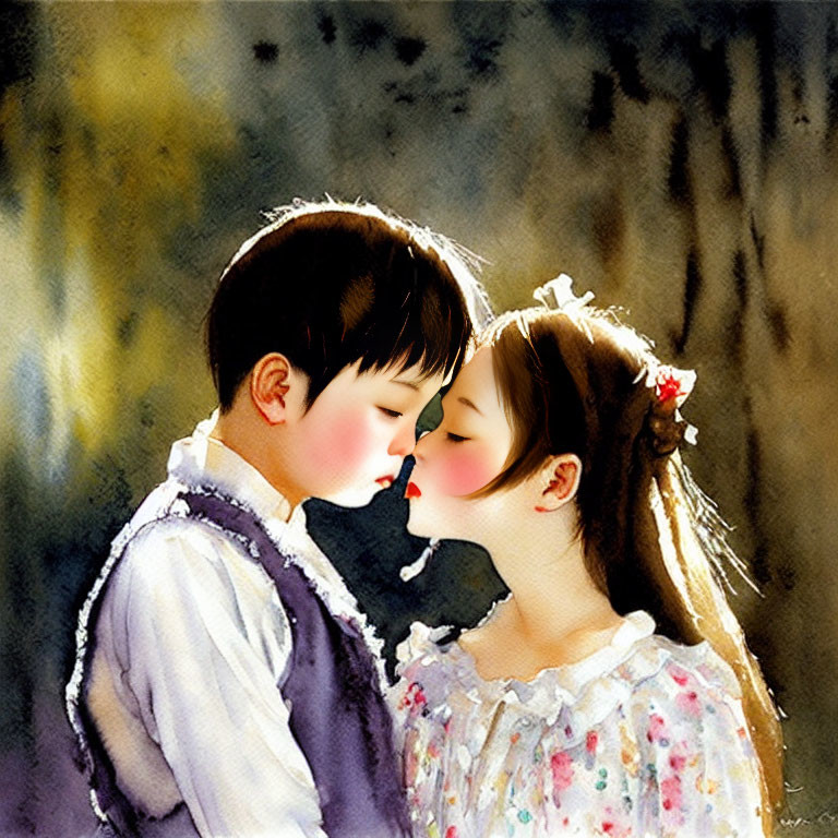 Children in vest and floral dress share tender kiss against abstract background