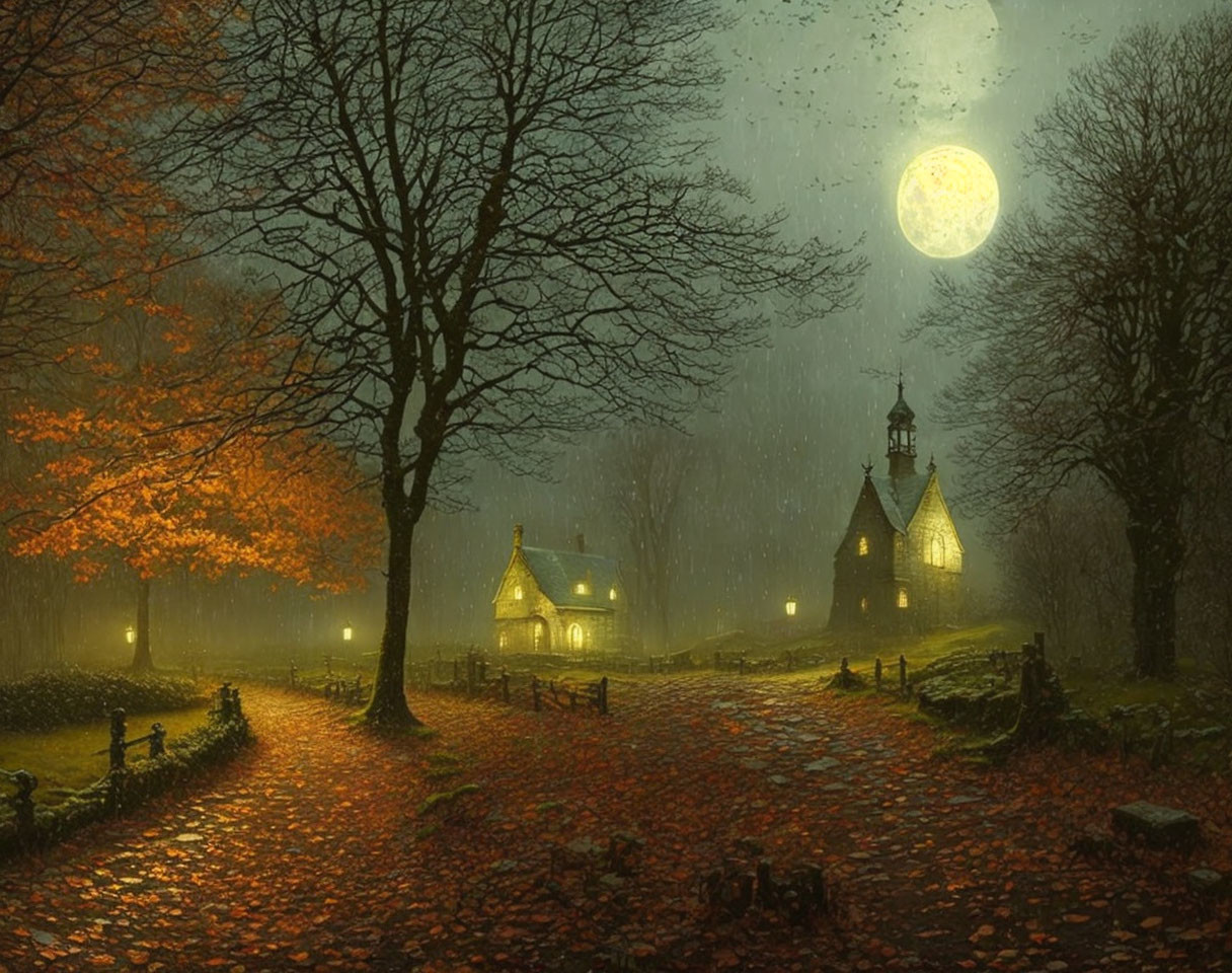 Moonlit night illuminates village pathway with autumn trees and cozy cottages