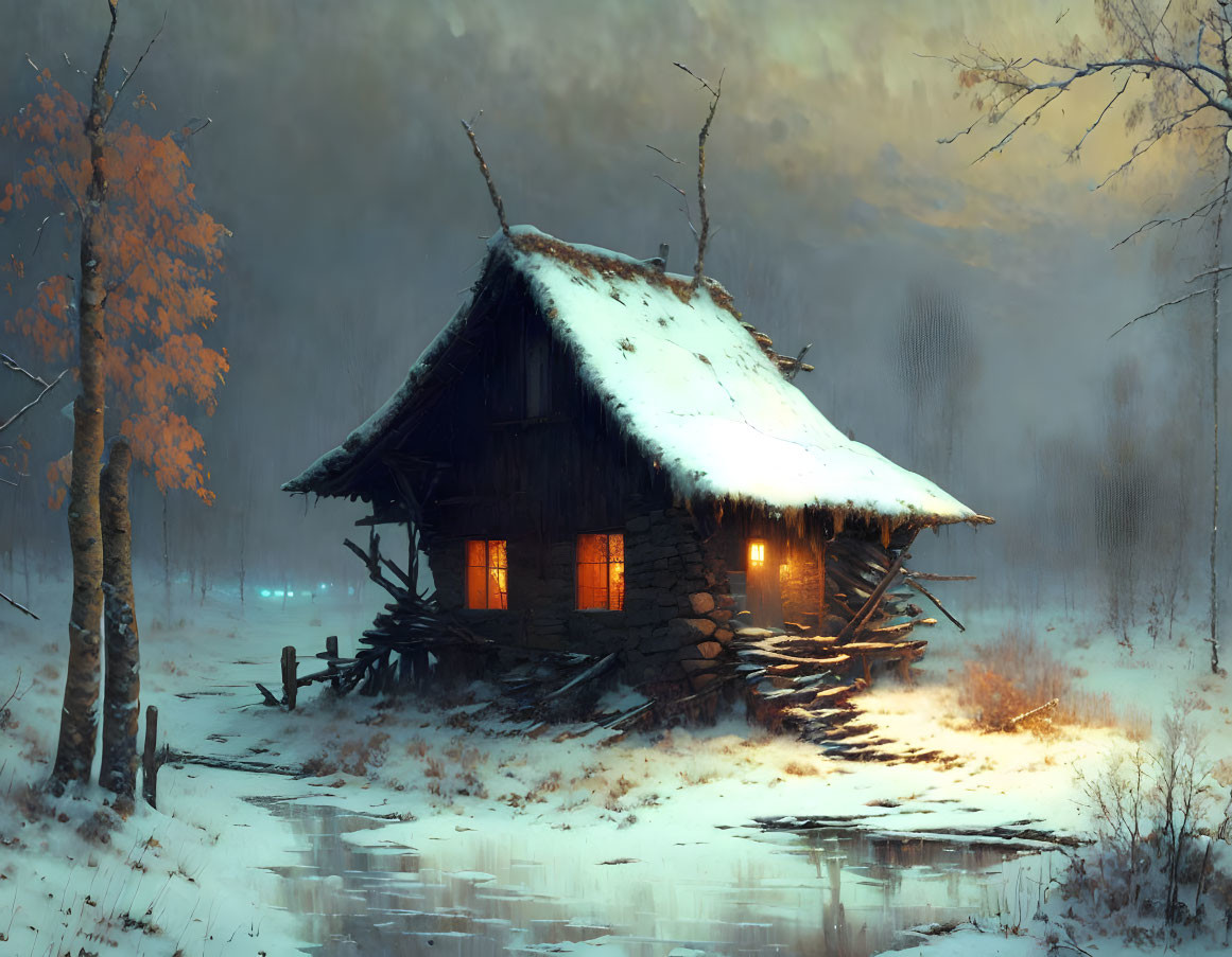 Snowy landscape with cozy wooden cabin and glowing interior