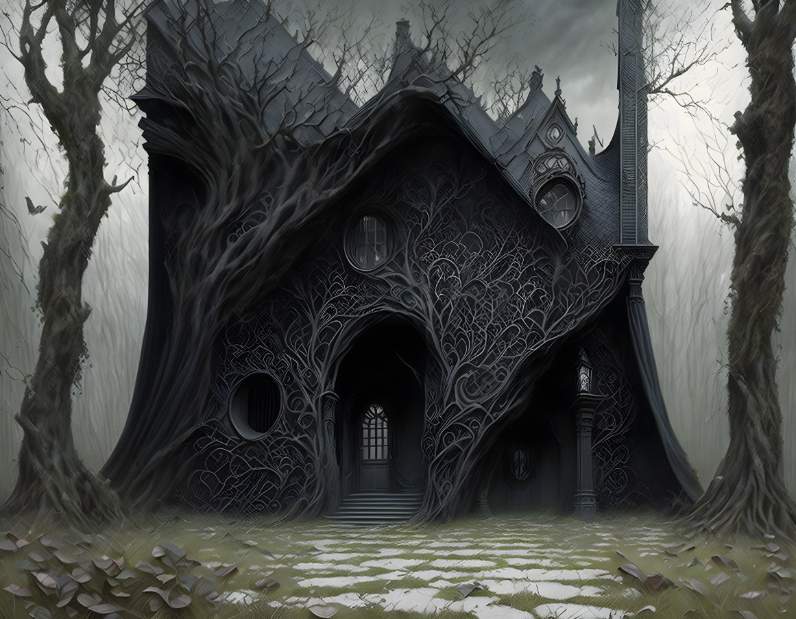 Gothic mansion surrounded by twisted trees under gloomy sky