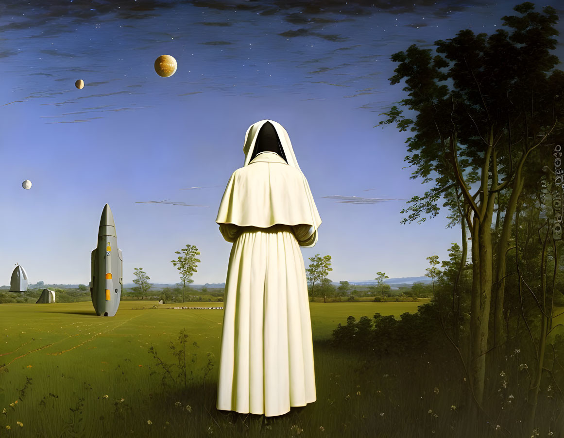 Surreal image of a nun in a field with rocket and multiple moons