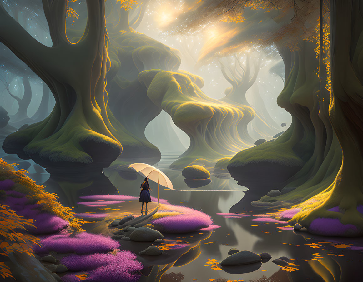 Tranquil pond in surreal forest with golden light & purple flora