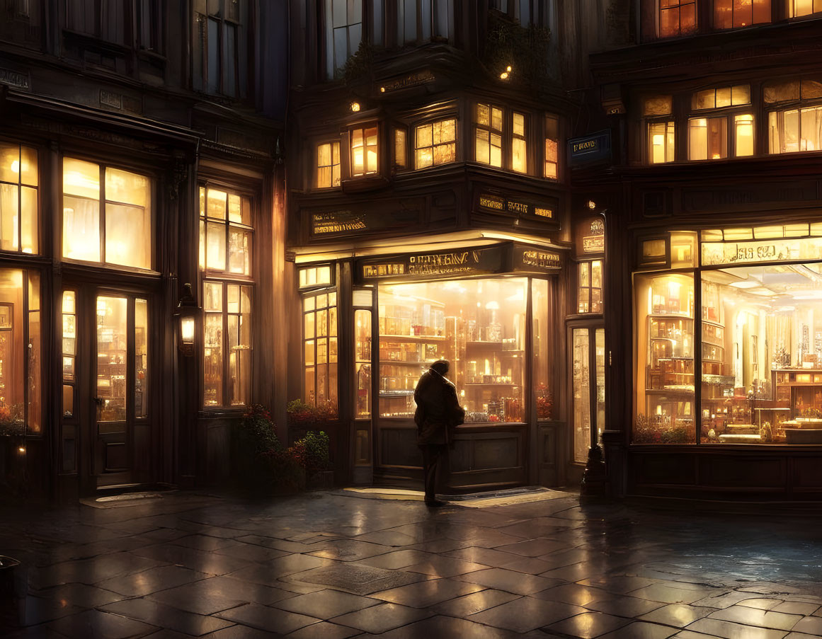 Person standing outside warmly lit corner bookstore at dusk