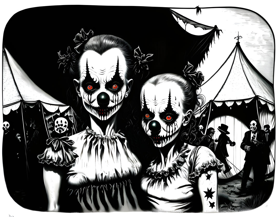 Creepy clown duo with skull makeup in dark circus scene