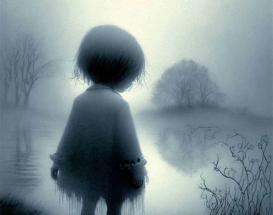 Solitary child near misty water and bare trees