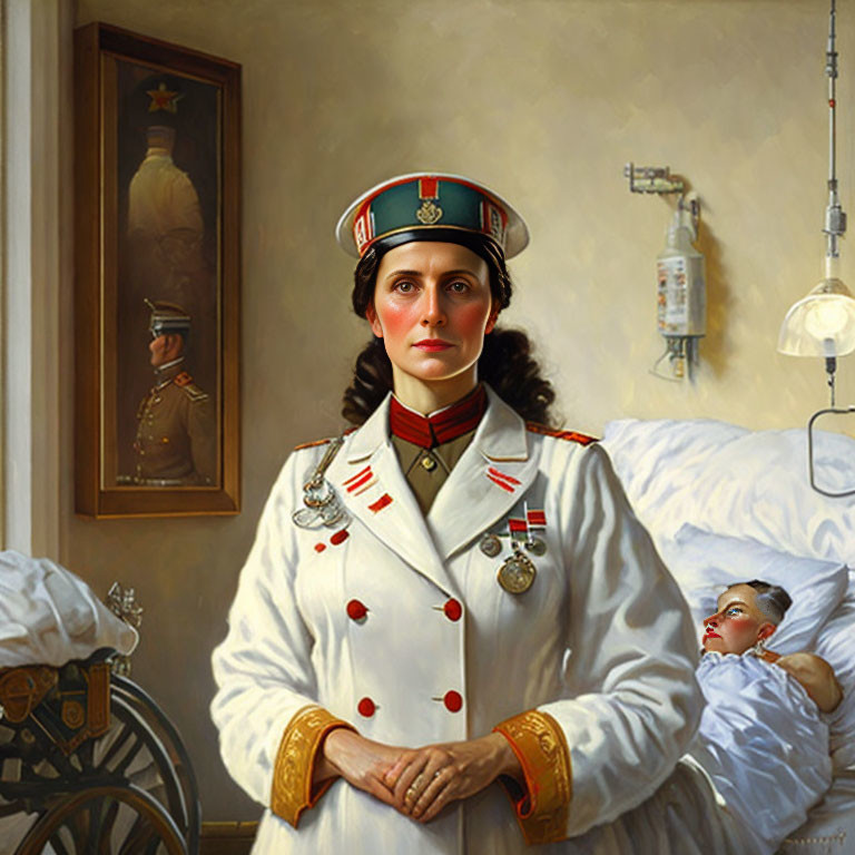 Woman in white military uniform with red trim and medals in hospital room portrait.