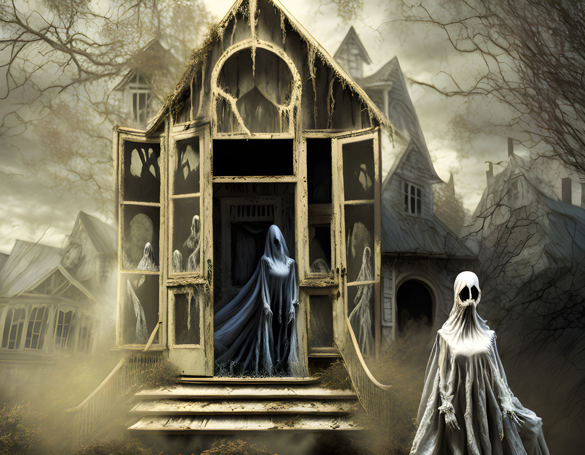 Gothic scene with shrouded figures outside eerie, dilapidated house