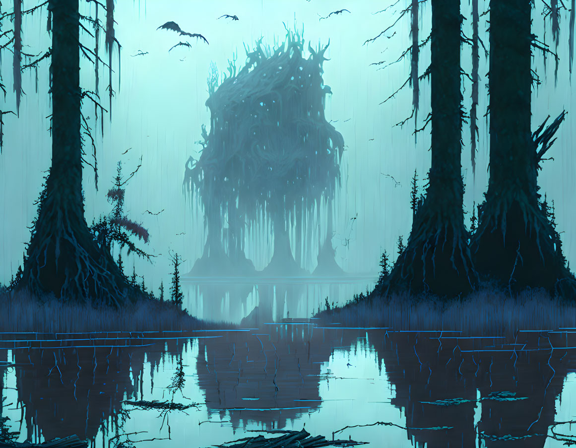 Eerie forest scene with tall trees, nest-like structure, calm lake, twilight haze, flying birds