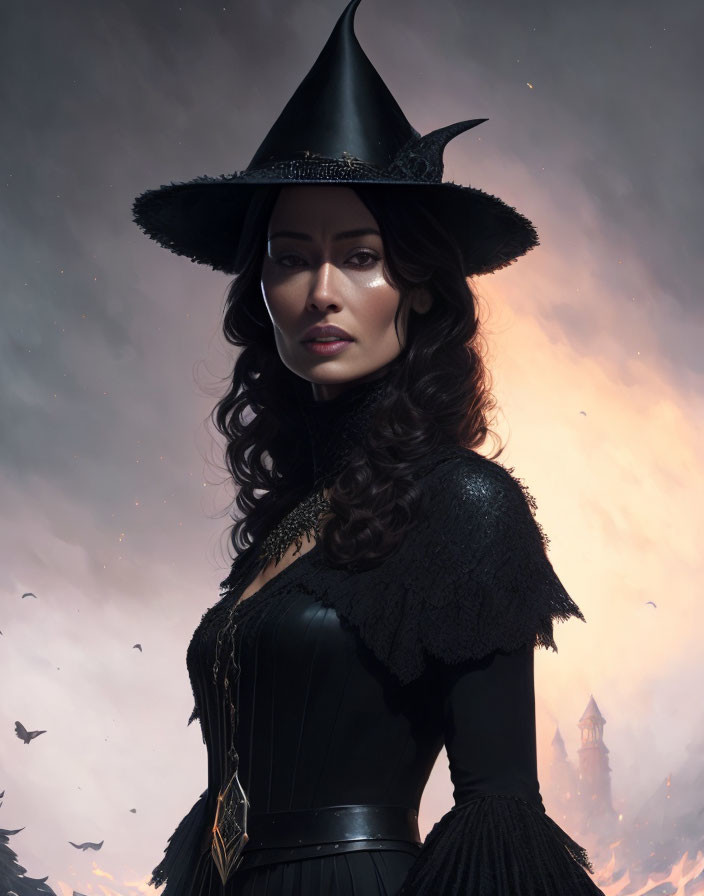 Digital artwork of woman in black witch costume against dramatic sky