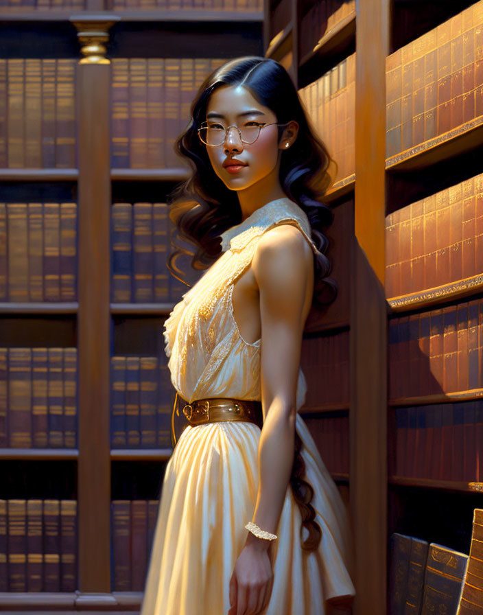 Woman in stylish dress and glasses by warm-lit bookshelf