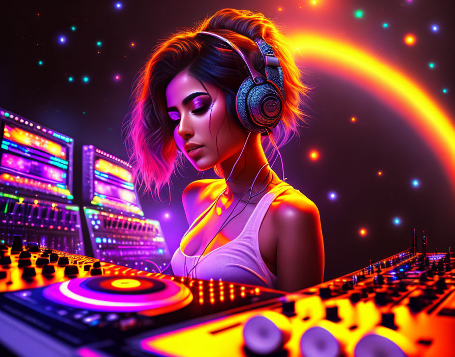 Digital Artwork: Woman with Headphones in Neon Lights & Music Gear