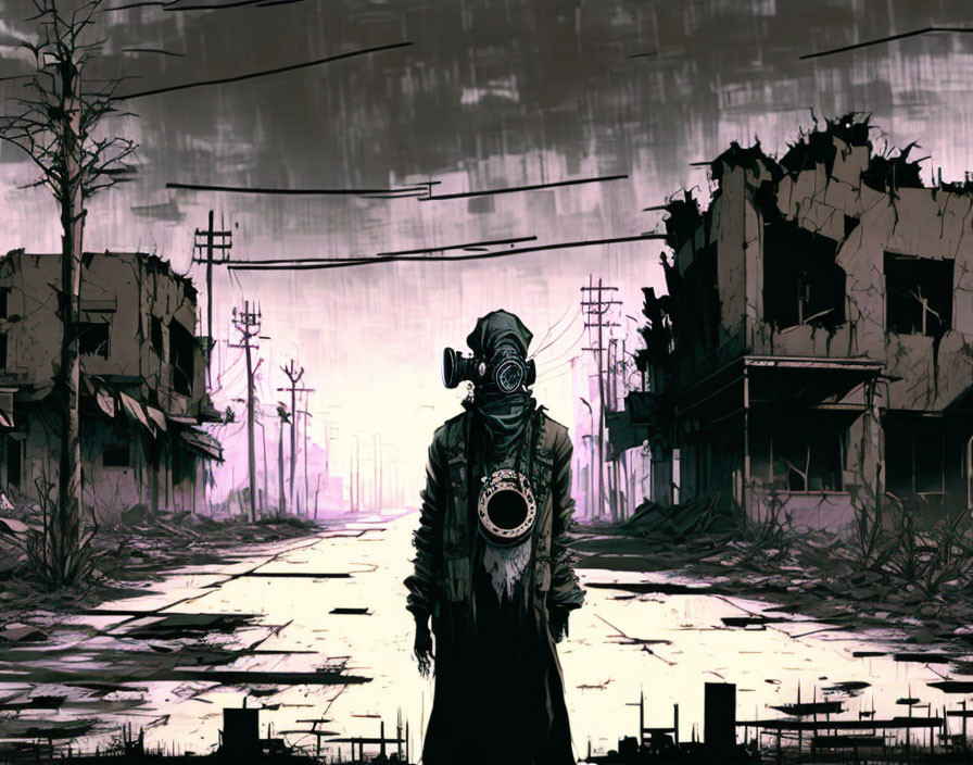 Desolate post-apocalyptic cityscape with lone figure in gas mask