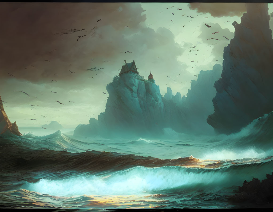 Mystical seascape with castle on cliffs, crashing waves, soaring birds