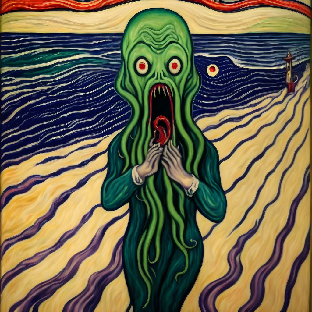 Stylized rendition of "The Scream" with green tentacled creature in swirling background