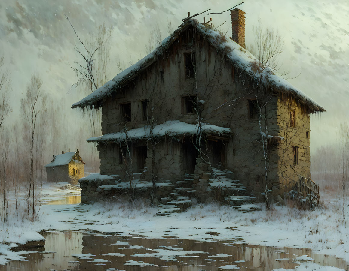 Dilapidated two-story house in wintry landscape