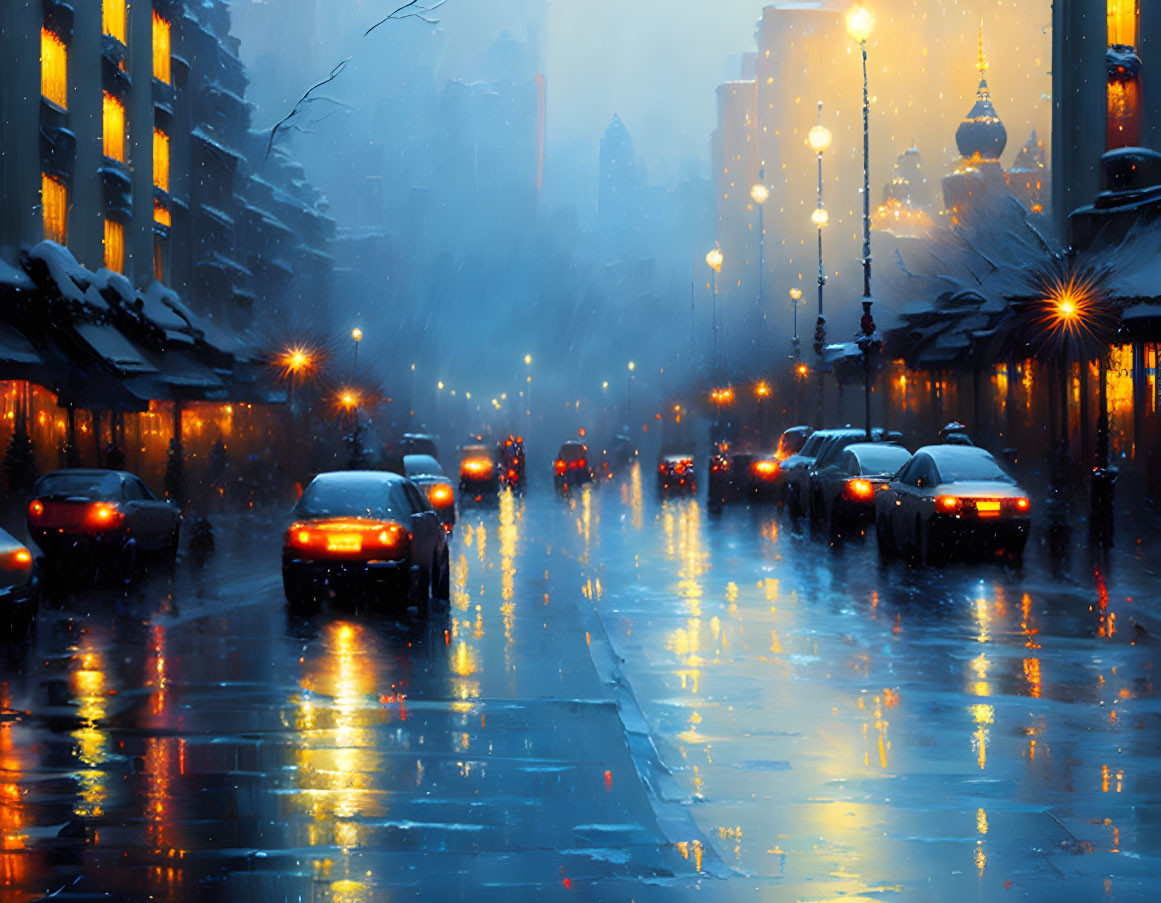 Snowy evening cityscape with glowing street lamps and vehicles on wet roads