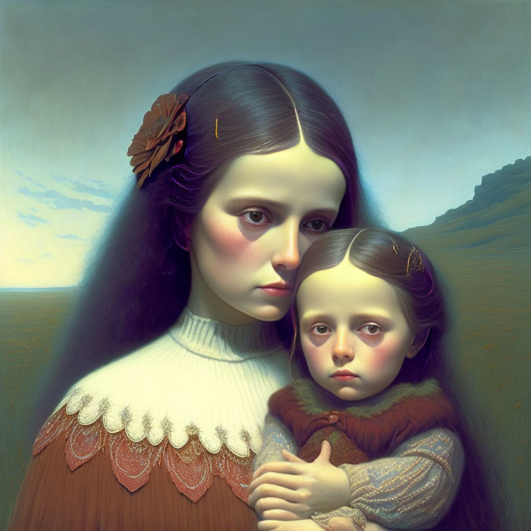 Surreal painting featuring girl with duplicate head on cheek