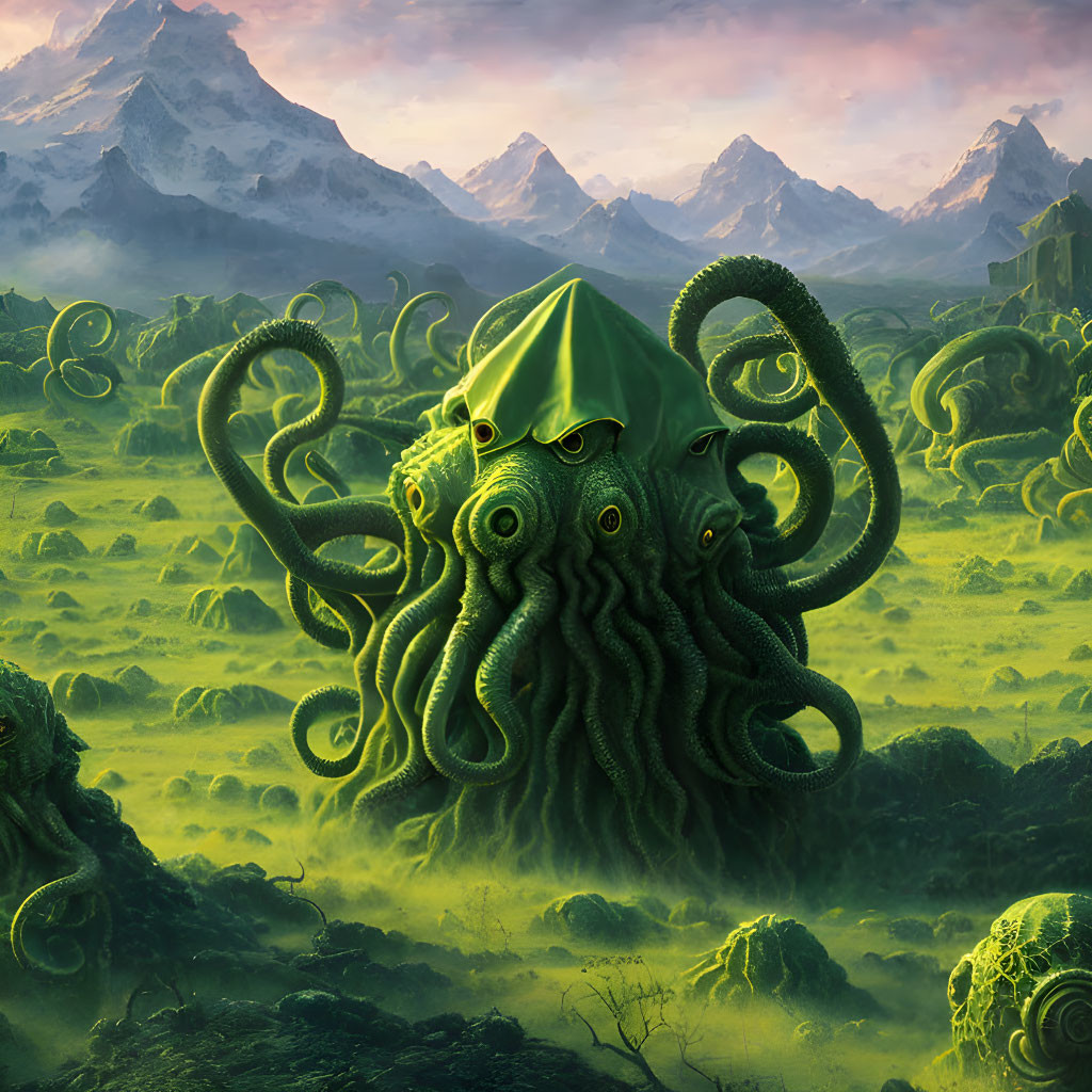 Gigantic Octopus with Glowing Eyes in Tentacle-Covered Landscape