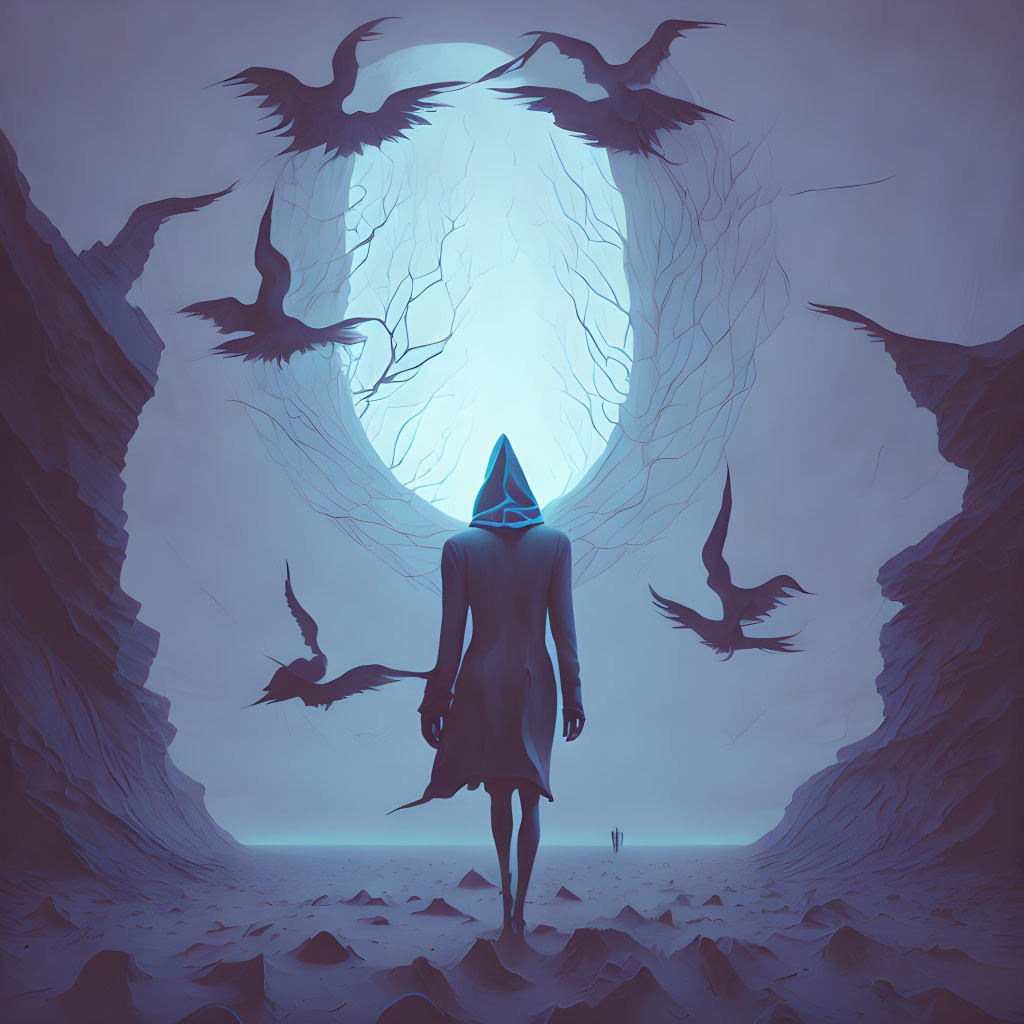 Cloaked figure at cave entrance with birds flying towards bright exit