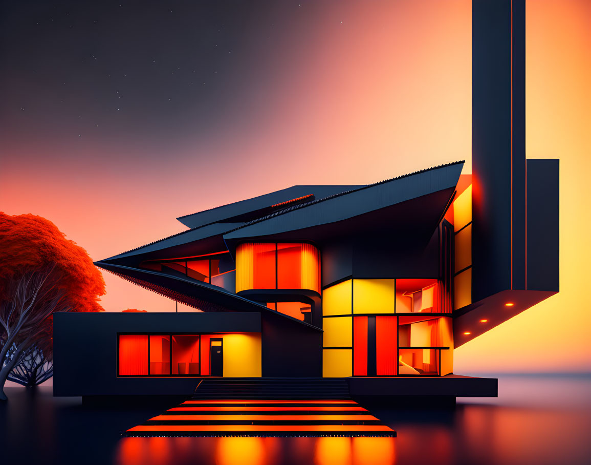 Modern architectural rendering with vivid orange interior lighting and tall, thin structure at twilight.